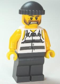LEGO Minifigure-Police - Jail Prisoner Shirt with Prison Stripes and Torn out Sleeves, Dark Bluish Gray Legs, Dark Bluish Gray Knit Cap-Town / City / Police-CTY481-Creative Brick Builders